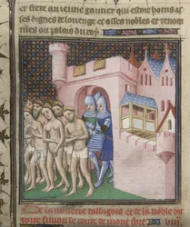 Bavlna Nero E. II pt.2, f.20v Vyhnání albigenských z Carcassone v roce 1209 z „Grandes Chroniques de France“, kolem 1415 (inkoust, barva a zlato na papíře)