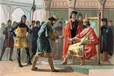 Hrabě Louis de Crecy, ohrožený obyvateli Kortrijku, požádal o pomoc francouzského krále Charlese Le Bela (1294-1328). Chromolitografie kolem roku 1890.