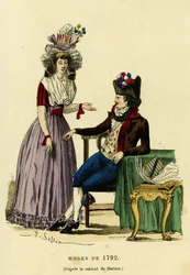 Pár v módě z roku 1792. Barevná rytina podle kresby Harlemova kabinetu, v „France et les francais a travers les siecles““ od Augustina Challamela, redaktora F.Roye, Paříž 1882. Selva Collection.