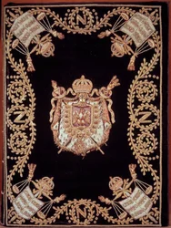 Obálka jednoho z dvanácti původních vydání „Code civil des francais““ vyhlášeného Napoleonem Bonapartem dne 21.3.1804. Je vázaná v sametové výšivce ze zlata a stříbra se znakem spravedlnosti a pažemi císaře. Francouzský zákon o občanských právech. B.N