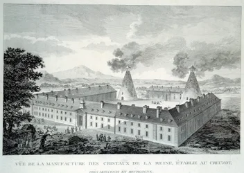 Křišťálová díla královny Marie Antoinetty v Creusot u Moncenis v Burgundsku. Rytina z roku 1787. Le Creusot, Ecomusee