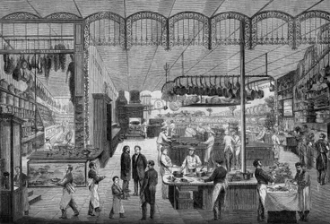 Kuchaři a číšníci při práci v kuchyních Café Riche v Paříži v roce 1866. Rytina v ""Le Monde Illustre"" č. 499 z 3. listopadu 1866.