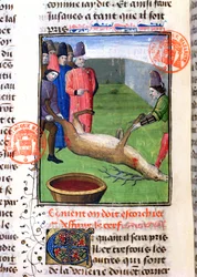 Řezání nohou mrtvého jelena, z knihy Livre de la Chasse od Gastona Phebuse de Foix (1331-91)
