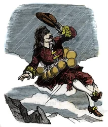 Cyrano de Bergerac stoupá na oblohu díky lahvičkám růžové růže a plavbě na Měsíc, ilustrace románu Hercules Savinien Cyrano de Bergerac (1619-1655): „“Ostatní svět““