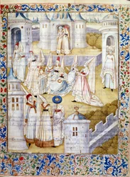 Tanec na zámku. Miniatura převzatá z „Knihy města dámy“ od Christine de Pisan (nebo Pizan