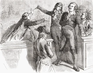 Danton a Desmoulins se brání před Konventem 30. března 1794 z „Histoire de la Revolution Francaise“ od Louise Blanca (1811-82) 1847-62
