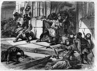 Deacon John nechal vybourat dveře Lateránského paláce. Rytina v „Historie papežů-králů-královen a císařů v průběhu staletí““ od Maurice Lachatre