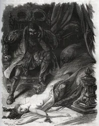 Smrt Françoise de Foix, hraběnky z Châteaubriantu (asi 1495-1537), zavražděné svým manželem Jeanem de Laval, hrabětem z Châteaubriantu (Laval-Châteaubriant) (1486-1543), který se tak pomstil za nevěry své ženy. Rytina z roku 1871 z „Histoire des...”