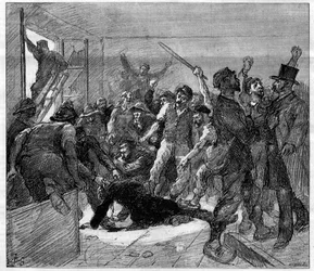 Stávka horníků v Decazeville (Aveyron) roku 1886: inženýr Watrin byl zavražděn stávkujícími. Rytina v „Le Monde Illustré“, 6. února 1886.