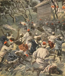 Porážka lidu Sakalava, Madagaskar, ilustrace z Le Petit Journal: Supplement illustre, 3. dubna 1898