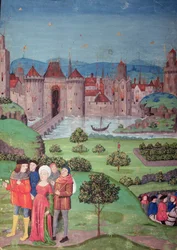 Odchod vojsk, scéna z rukopisu „Chroniques de France“, kopie díla Jeana de Froissarta (asi 1333-1404), která líčí dějiny Evropy od roku 1225 do roku 1400