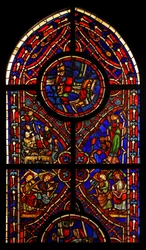 Zobrazující část okna z kostela Varennes-Jarcy (původně z opatství de Gercy?); scény zahrnují Zvěstování pastýřům, synagogu a hudební anděly (vitráže