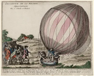 Sestup aerostatického stroje Srs. Karel a Robert, hospoda. 1783 (ručně kolorovaná rytina)