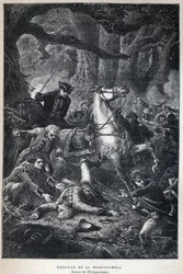 Objevená Kanada: Bitva u Monongahely v roce 1755 během sedmileté války. Kresba Philippoteaux. Rytina z konce 19. století v „La nouvelle France“ od Eugena Guenina.