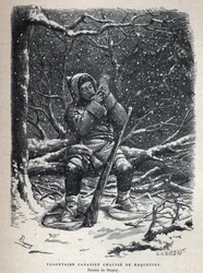 Objevená Kanada: dobrovolné boty na sněžnicích z kanadské armády. Kresba Dupuy. Rytina z konce 19. století v „La nouvelle France“ od Eugena Guenina.