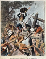 Objevená Kanada: obrana Adama Dollarda des Ormeaux (1635-1660) a jeho společníků proti Indiánům z Irokézské Ameriky na ochranu jejich tábora v roce 1657. Rytina z konce 19. století v „La nouvelle France“ od Eugena Guenina.