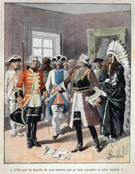 Objeveno z Kanady: Louis de Buade, hrabě z Frontenacu (1622-1698) přijímající vyslance anglického guvernéra kolonie Massachusetts (1651-1695) Williama Phipse a odpověděl mu „“ Ústy mých zbraní jsem odpoví svému pánovi“