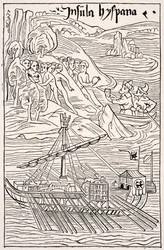 Objev Santo Dominga, Insula Hyspana, Christopherem Columbusem, Faksimile dřevorytiny Epistola Christoferi Colom, z Vědy a literatury ve středověku od Paula Lacroix pub. Londýn 1878