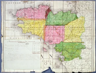 Rozdělení Bretaně na šest departementů, cca 1789-90 (barevné lito)