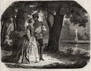 Don Juan jednal s Annou Rakouskou (1549-1580) o svém možném spojení s princem Donem Carlosem (1545-1568), synem španělského krále Filipa II. (1527-1598). Rytina z roku 1871 v „Histoire Des Cocus Celebres““ od Henryho de Kocka (1819-1892).