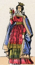 Dynastie Kapetovců: Portrét Adele nebo Alix nebo Alice de Champagne (1140-1206), královna Francie, manželka Ludvíka VII dit le Jeune (1120-1180). Epinal zobrazování z konce 19. století. Soukromá sbírka.
