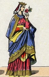 Dynastie Kapetovců: Portrét Berthe Holandské nebo Berthe Fríské (1058-1093) Francouzská královna, manželka Filipa I. Francouzského (1052-1108). Epinal zobrazování z konce 19. století. Soukromá sbírka.