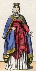 Dynastie Kapetovců: Portrét Isabelle de Hainaut (1170-1190) francouzské královny, manželky Filipa II. známého jako Filip August (1165-1223). Epinal zobrazování z konce 19. století. Soukromá sbírka.