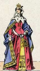 Dynastie Kapetovců: Portrét Joan Iere Navarrské (1271-1305), francouzské královny, manželky Filipa IV. Francouzského, známého jako Filip Bel (1268-1314). Epinal zobrazování z konce 19. století. Soukromá sbírka.