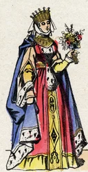 Dynastie Kapetovců: Portrét Marguerity Provence (1221-1295), královny Francie, manželky Ludvíka IX. Francouzského (1214-1270). Epinal zobrazování z konce 19. století. Soukromá sbírka.