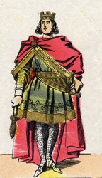 Dynastie Kapetovců: Portrét Filipa II. zvaného Filip August (1165-1223), francouzský král v letech 1180 až 1223. Epinal zobrazení z konce 19. století. Soukromá sbírka.