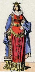 Dynastie Karolinců: Portrét Bertrade nebo Berthe z Laonu známá jako Berthe au Grand Pied (720-783) Královna franků manželka Pepina le Briefa (715-768). Epinal zobrazování z konce 19. století. Soukromá sbírka.
