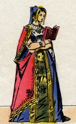 Dynastie z Valois: Portrét Anny Bretaňské (1477-1514), francouzské královny, manželky Karla VIII. (1470-1498). Epinal zobrazování z konce 19. století. Soukromá sbírka.