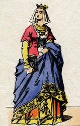Dynastie z Valois: Portrét Charlotty de Savoie (1441-1483) francouzské královny, manželky francouzského Ludvíka XI., známého jako Prudent (1423-1483). Epinal zobrazování z konce 19. století. Soukromá sbírka.