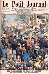 Zemětřesení v Kalábrii, Itálie. Král Viktor Emanuel III na návštěvě zdevastovaných krajů. Zemětřesení v Kalábrii. SM Victor-Emmanuel navštíví devastovanou oblast. Ilustrace pro Le petit Journal, 24. září 1905. Viktor Emmanuel III z Itálie (Vittorio Em