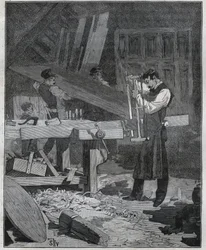 Ebenisterie: ebenistický dělník štípající prkno u zřízení. Rytina z roku 1885 v „“Les arts et metiers illustres““ od Adolphe BITARDA.