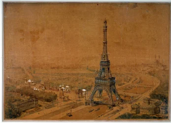 Zamítnutý projekt Eiffelovy věže ze soutěže roku 1886 pro výstavu roku 1889. Kresba z roku 1886. Paříž, Národní archiv