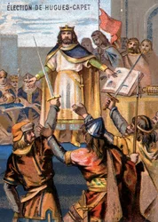 Volba Hugues-Capet (987) se stal králem. Chromolitografie řady „“Vlastenecká výchova obrazem““.