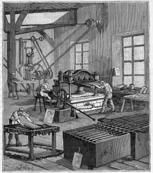 Galvanické pokovování – galvanizační dílna pana Rousseta v Paříži v 19. století – rytí „“ Vědy přede dveřmi všech – fyzika a chemie“ od Alexise Clerca – konec 19. století – soukromá sbírka