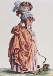 Elegantní žena se svým pejskem, módní talíř z Galerie des Modes et Costumes Francais, vyryto Bacquoyem (barevná rytina)