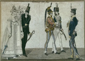 Anglické kostýmy, ilustrace z Le Bon Genre, začátek 19. století (barevná rytina)