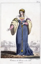 Rytina, dámský kroj ve městě kolem roku 1545.