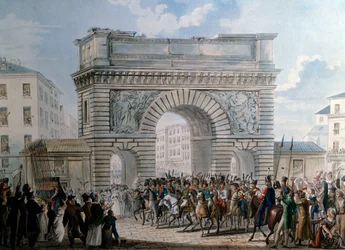 Vstup spojenců do Paříže Porte Saint Martin na 31.3.1814 přehlídka krále Ludvíka XVIII. (1755-1824). Tisk z roku 1814. Paříž, Musee Carnavalet
