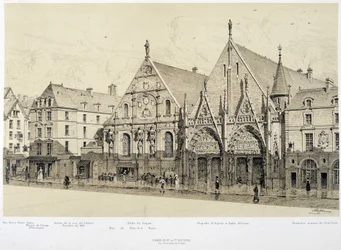 Vchod do Hotel-Dieu (Hotel Dieu), rue du Marche Palu, v roce 1590 - v „Paříži v průběhu věků“, konec 19. století