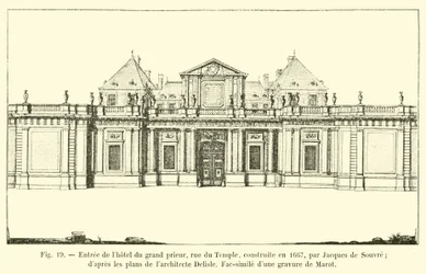 Vchod do Hôtel du Grand Prior, rue du Temple, postavený v roce 1667 Jacquesem de Souvre; podle plánů architekta Delisle, Faksimile rytiny od Marota