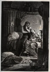 Eponine a její manžel Julius Sabinus (zemřel 78 n. l.) žijí tajně v jeskyni, aby unikli Vespasianskému císaři (9-79) - Sabinus a jeho manželka Eponine, ukrytí v jeskyni - rytina z „“ L