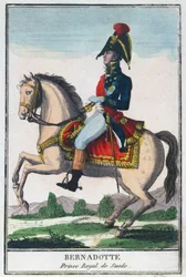 Jezdecký portrét Charlese Jean Baptiste Bernadotte (1763-1844), počátek 19. století (barevná rytina)