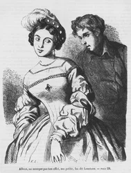Etienne Lousteau hovoří s herečkou, ilustrace z knihy "Les Illusions perdues" od Honore de Balzaca