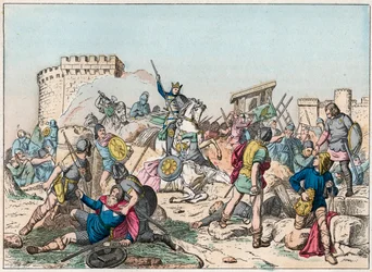 Eudes (Odon) (860-898), karolínská dynastie, vedla bitvu proti Normanům a vítězně bránila Paříž (885-887) - Eudes (860-898) v bitvě proti Normanům - Rytina konce 19. století v r. “” Nos Gires Nationales - Images et reci