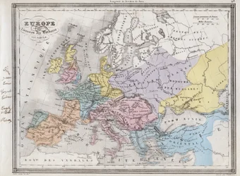 Evropa po invazi barbarů v 6. století - Deska extrahovaná z ""Univerzálního atlasu starověké a moderní geografie pro použití obytných škol"" od Vuillemina - kolem 1845