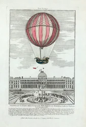 Zkušenosti s aerostatickým glóbem MM. Karla a Roberta v Jardin des Thuileries 1. prosince 1783, hospoda. 1783 (ručně kolorovaná rytina)